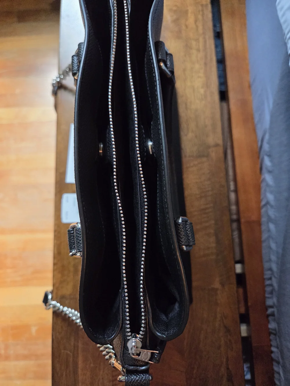 Coach Black Saffiano Leather Satchel with Silver Chain Strap